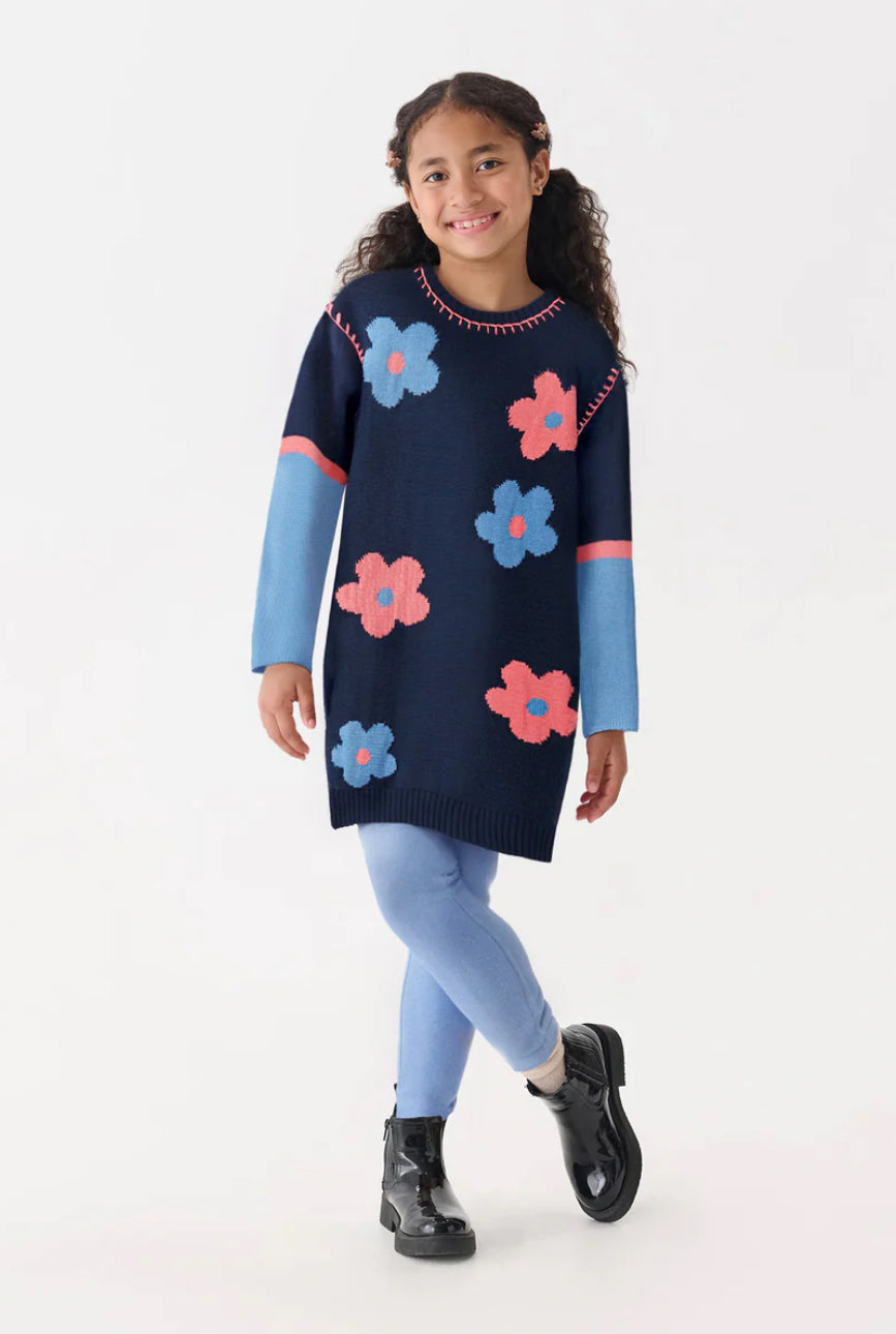 Girls Navy Flower Drop Shoulder Sweater Dress
