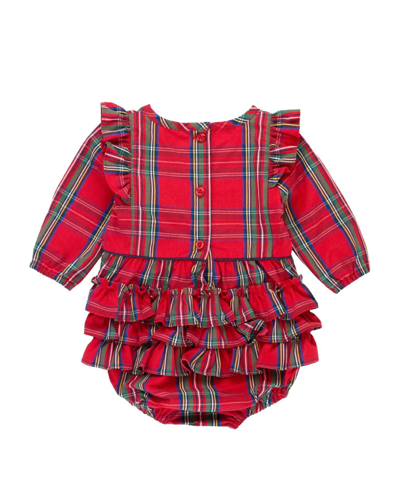 Long Sleeve Ruffle Trim Bubble Romper-Tis The Season Plaid