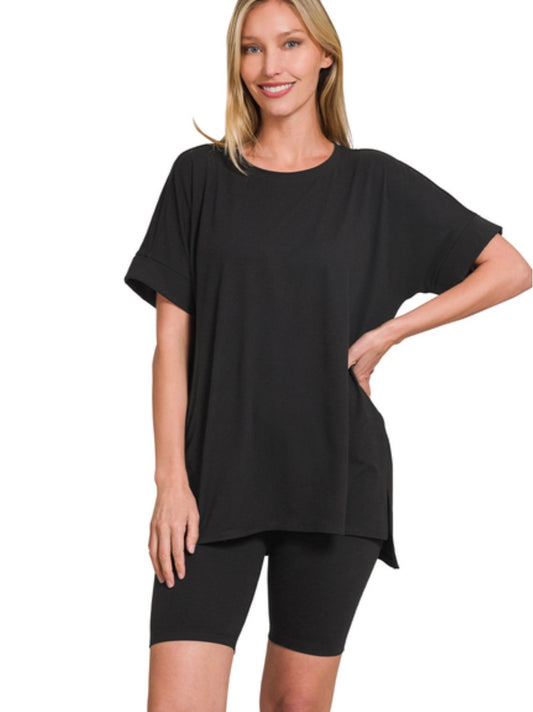 Black- BRUSHED DTY MICROFIBER R-NECK TOP & BIKER SHORTS