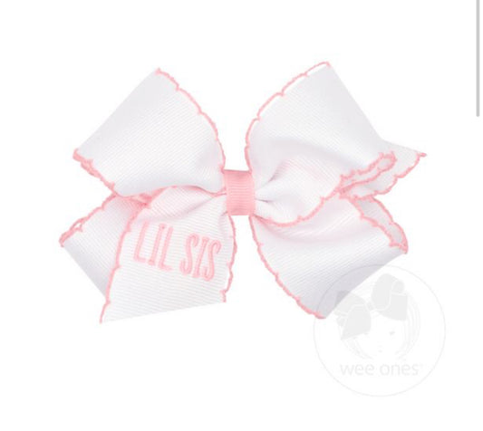 Medium Grosgrain Hair Bow with Light Pink Moonstitch Edge and "LIL SIS" Embroidery