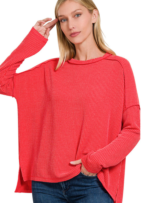 Raised Rib Raw Edge Boat
Neck Long Sleeve Top-Ruby