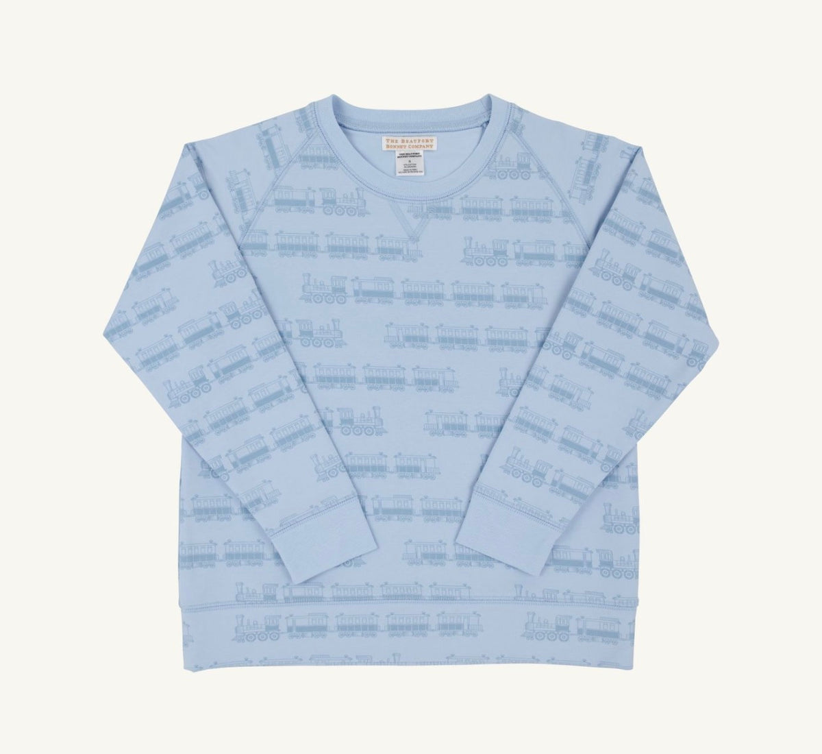 Cassidy Comfy Crewneck Boys-French Terry- Blue Choo Choos/Beale Street Blue