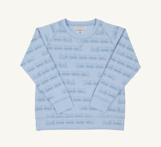 Cassidy Comfy Crewneck Boys-French Terry- Blue Choo Choos/Beale Street Blue