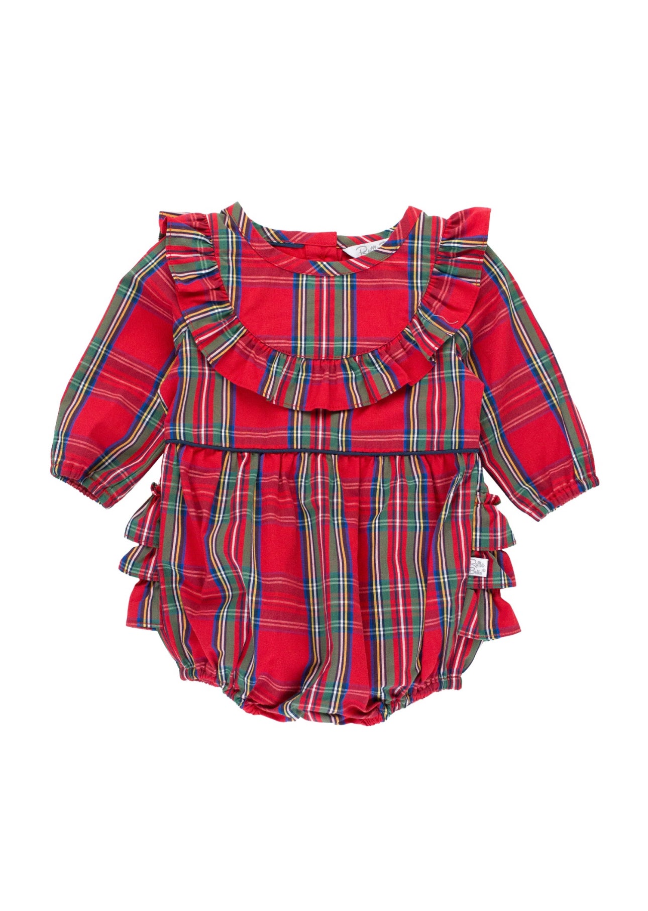 Long Sleeve Ruffle Trim Bubble Romper-Tis The Season Plaid