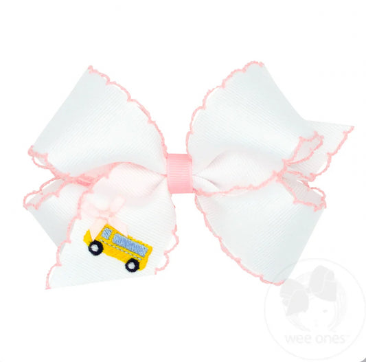 King Grosgrain Hair Bow with Moonstitch Edge and School-themed Embroidery
