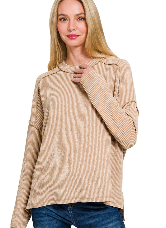 Raised Rib Raw Edge Boat
Neck Long Sleeve Top-LT Mocha