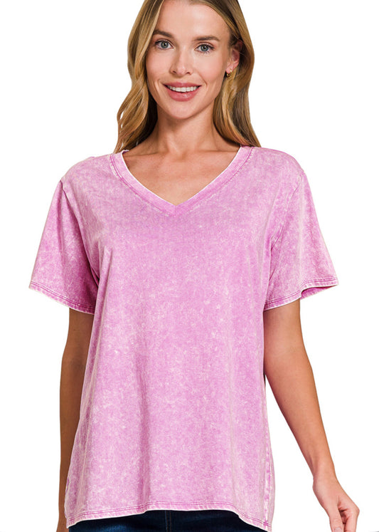 Bright Mauve-WASHED SHORT SLEEVE V-NECK TOP