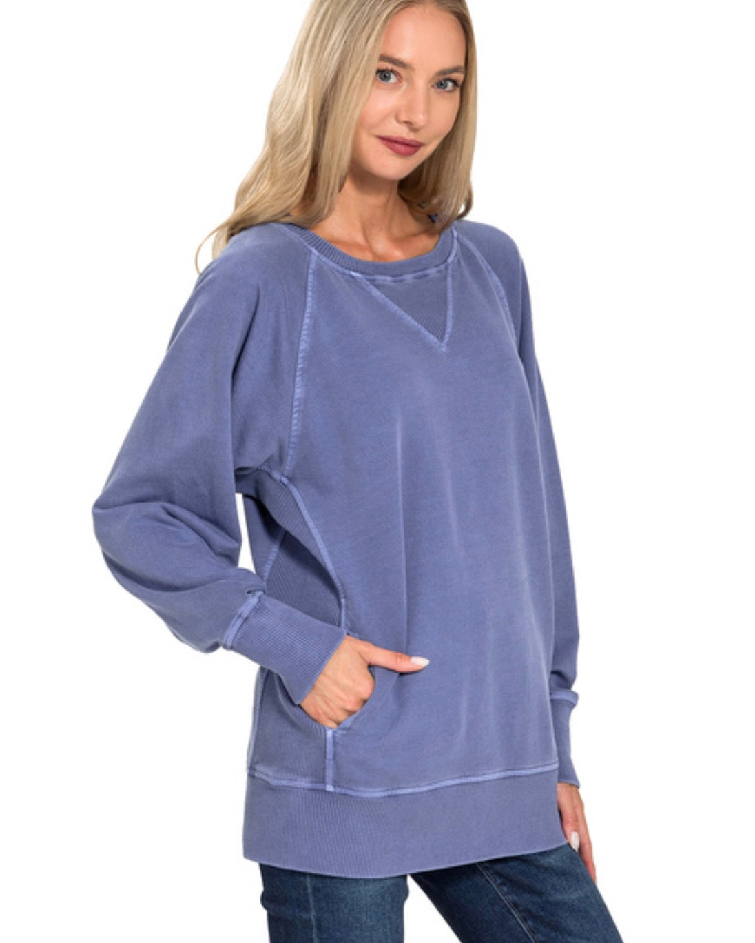 Lt Navy- PIGMENT DYED FRENCH TERRY PULLOVER WITH POCKETS