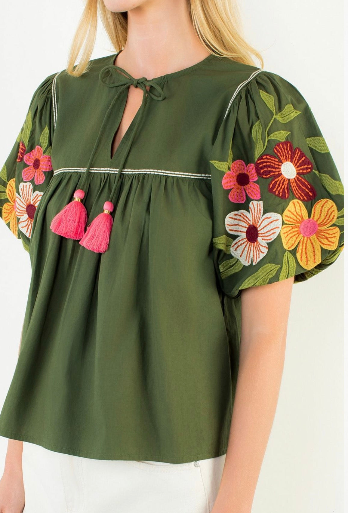 Olive- Floral Embroidery Puff Sleeves Tassel Top