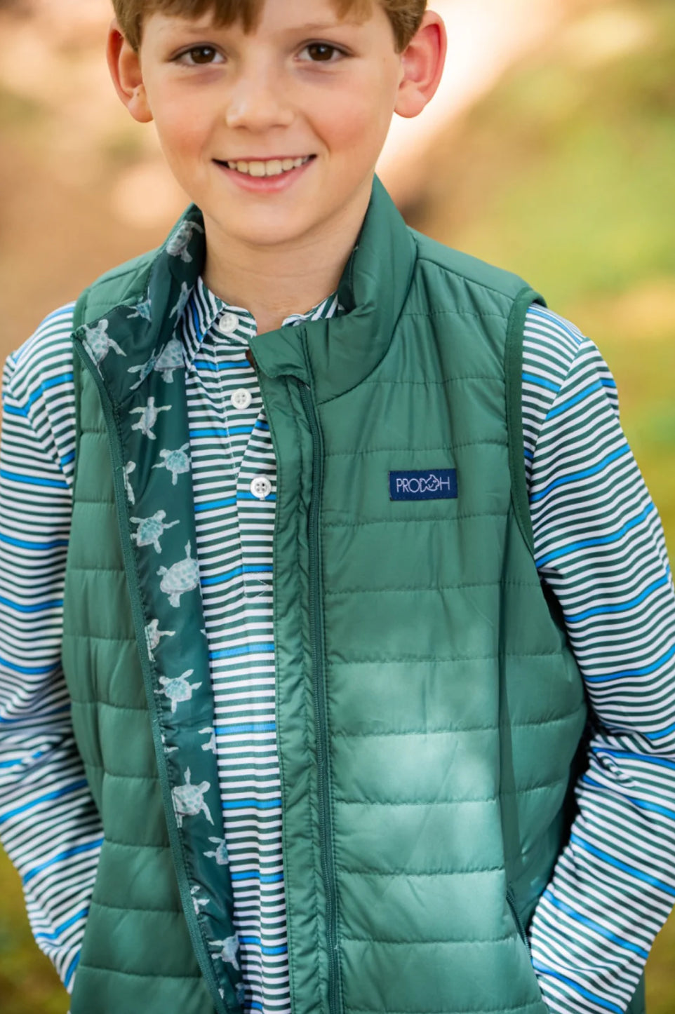 Kid’s Puffer Vest in Posy Green with Sea Turtle Print Liner