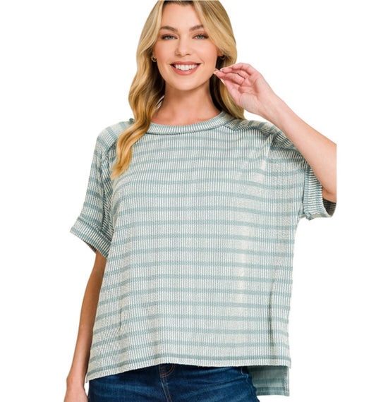 Ash Jade-RAISED RIB STRIPED EXPOSED SEAM TOP