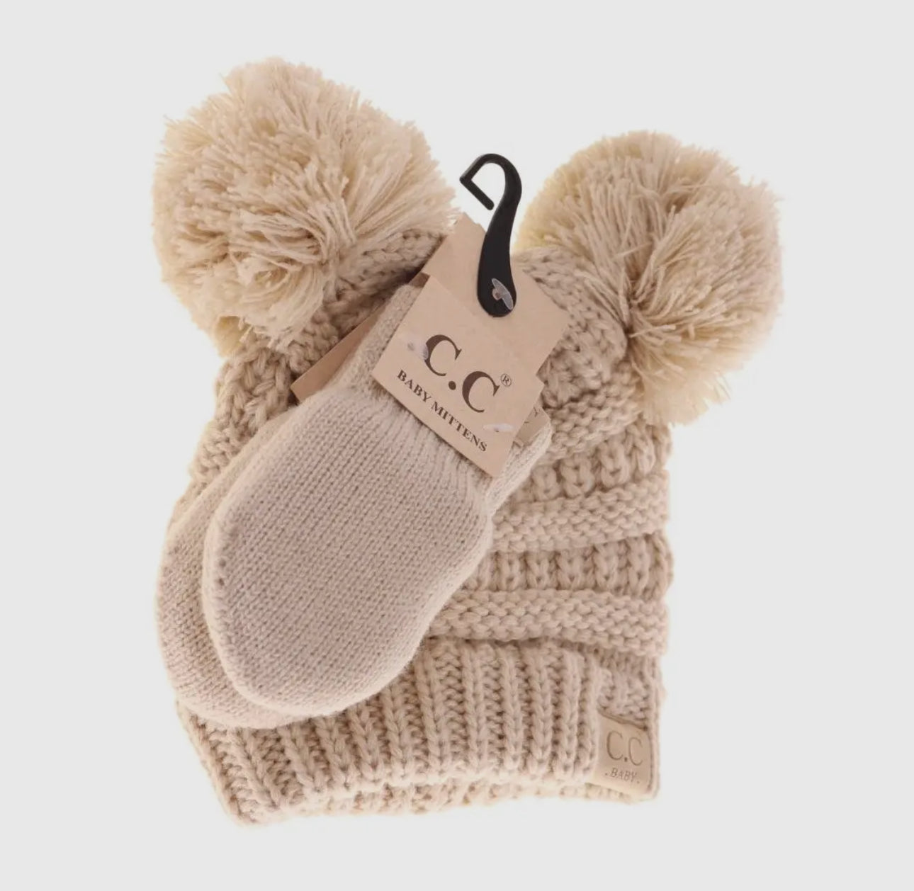 Baby Solid Knit Double Pom with Mitten set- Beige