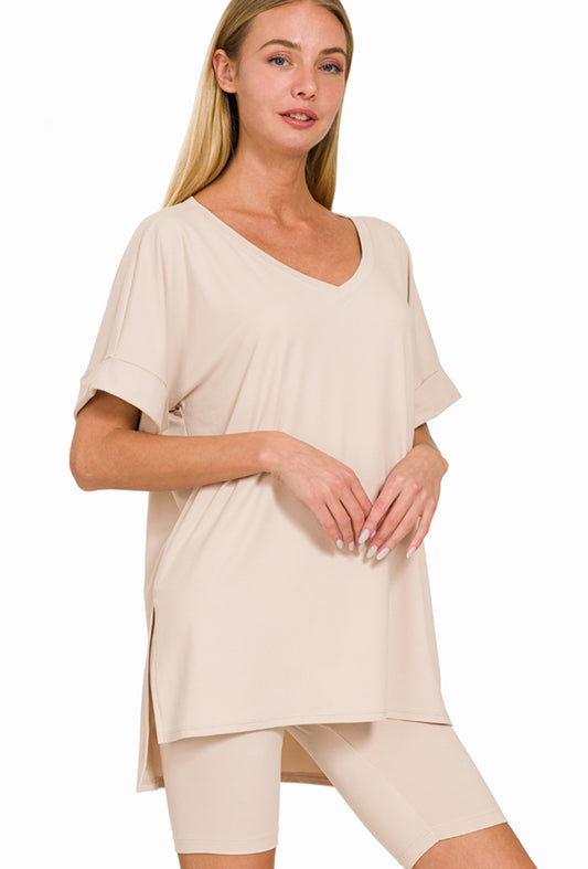 Sand Beige-V-NECK TOP & BIKER SHORTS