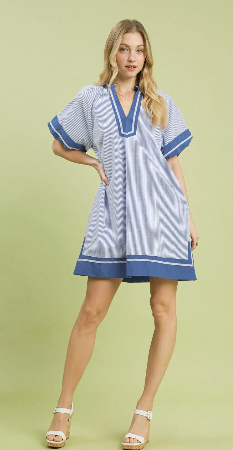 Blue- Striped Mixed V-Neck Mini Dress
