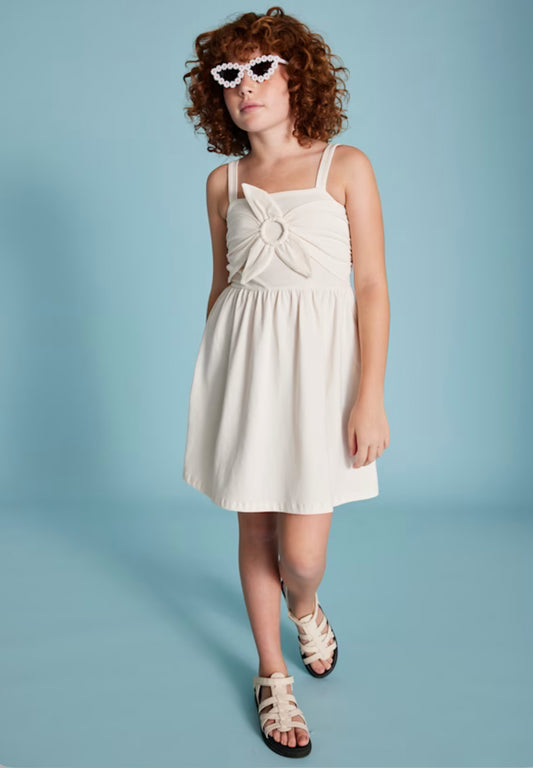 Girl Flower Strap Dress-Bone