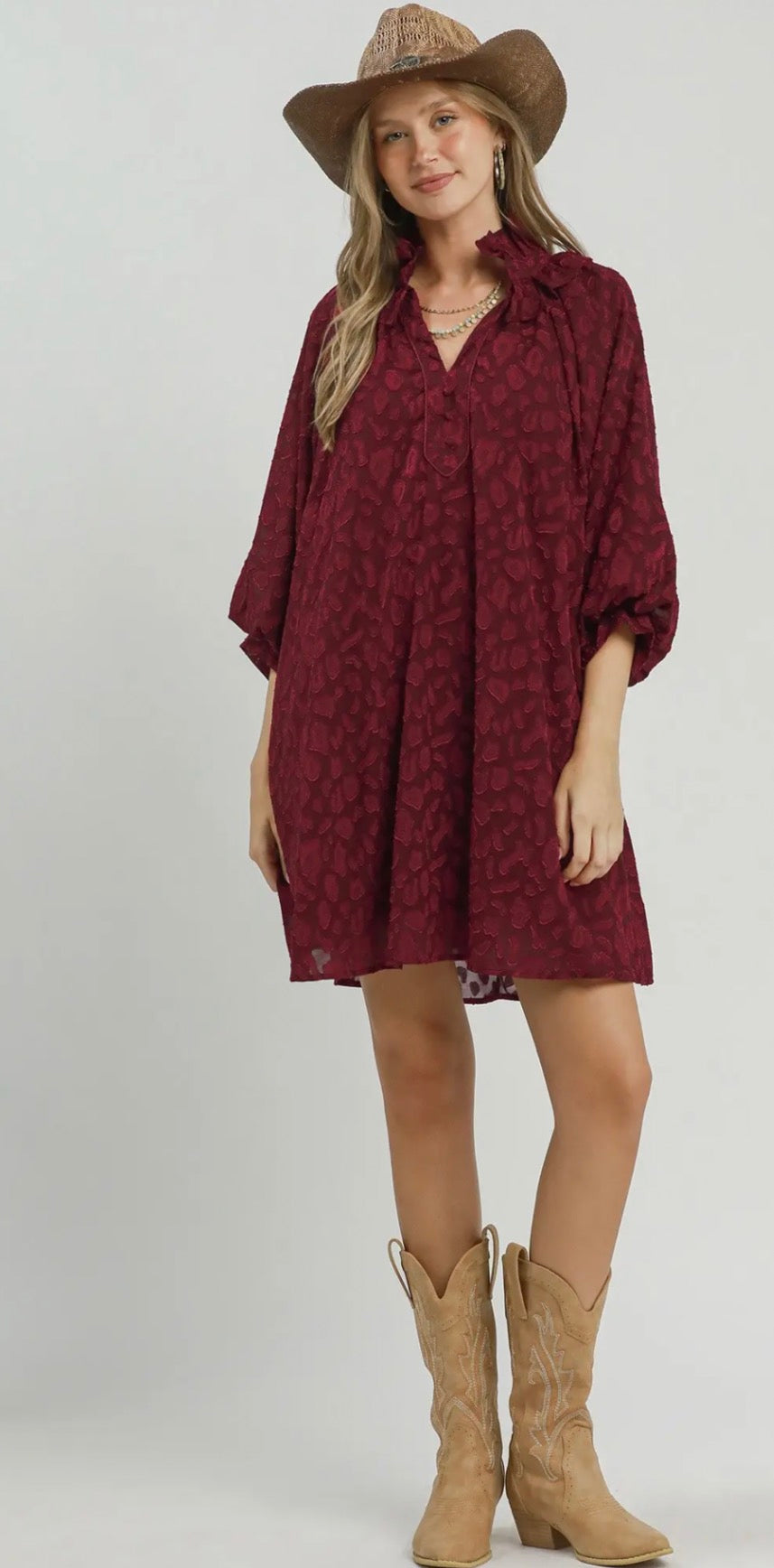 Textured Animal Print Dress-Burgundy