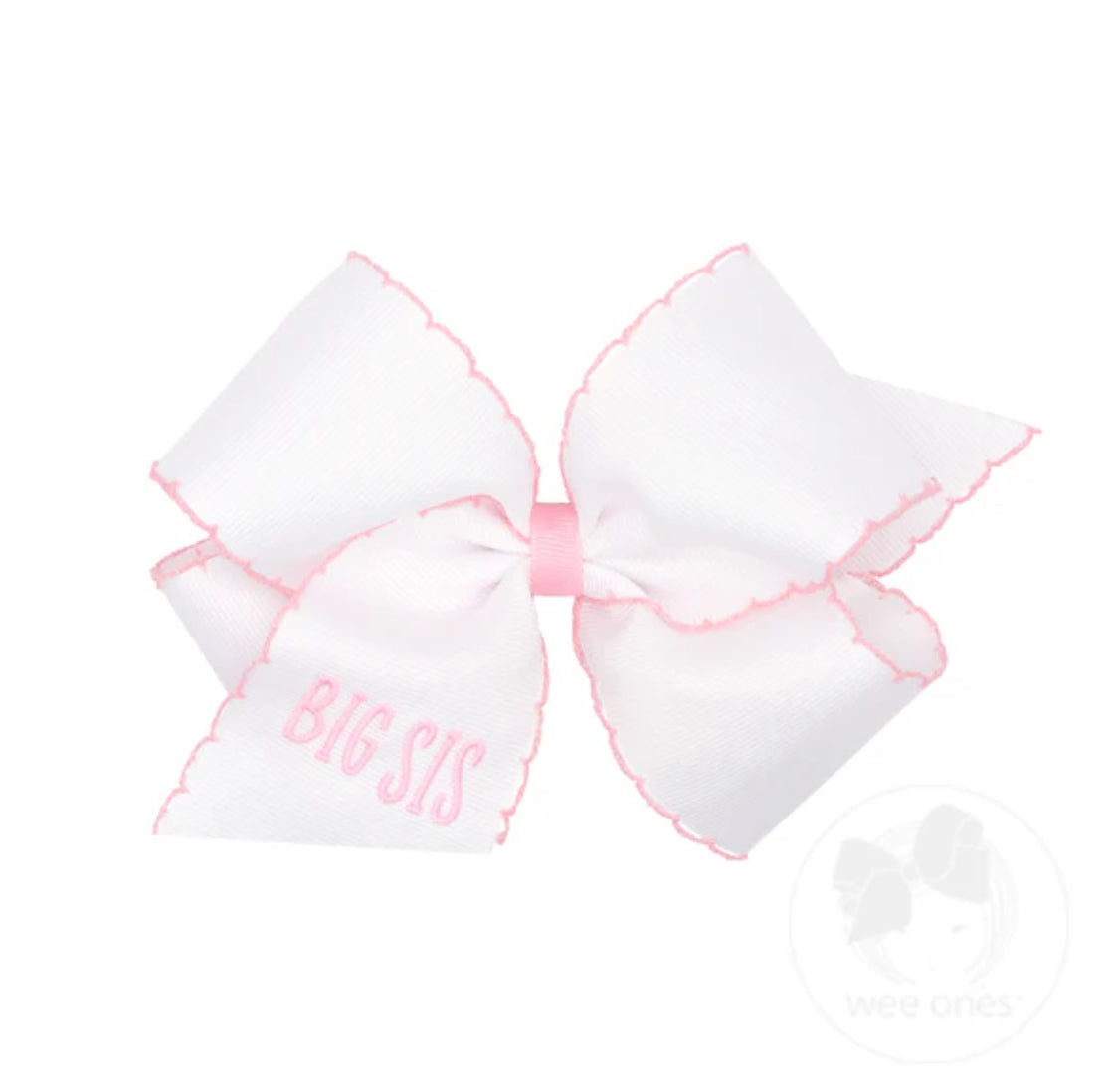 King Grosgrain Hair Bow with Light Pink Moonstitch Edge and "BIG SIS" Embroidery