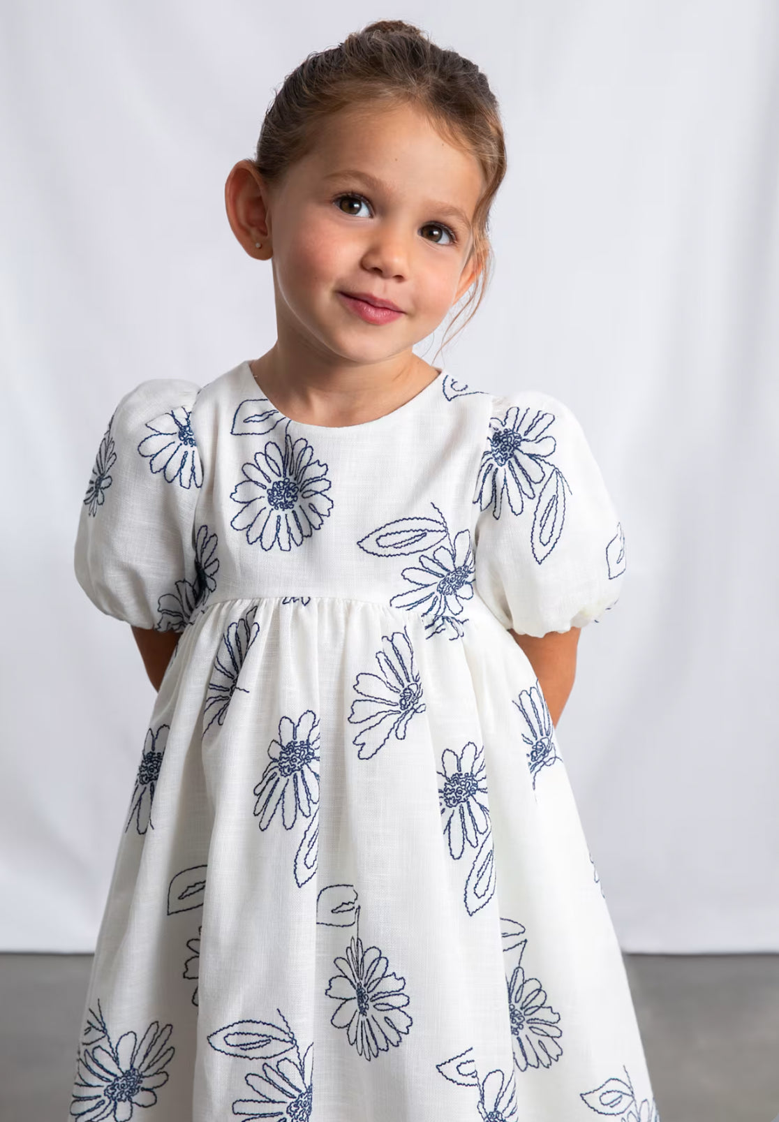 Girl Puff Sleeve Dress-Navy Embroidered Flowers