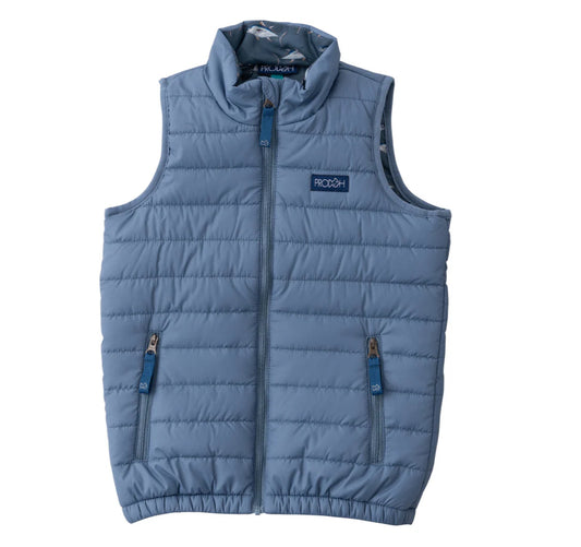 Kid’s Puffer Vest in Bluefin Blue with Big Eye Tuna Print Liner