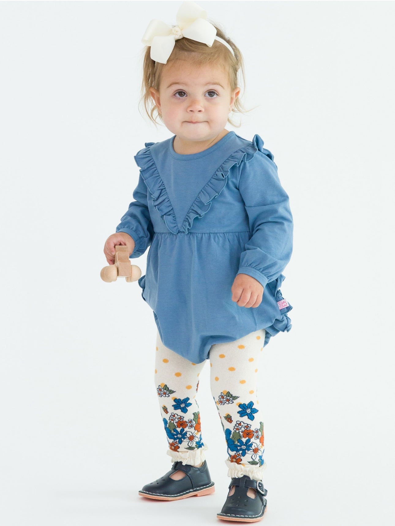 Knit Long Sleeve V-Ruffle Bubble Romper- Countryside Blue