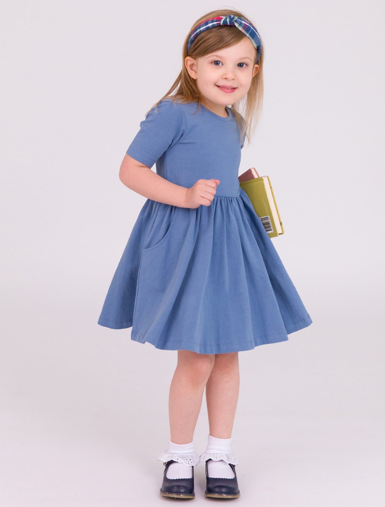 Short Sleeve Knit Twirl Dress- Countryside Blue