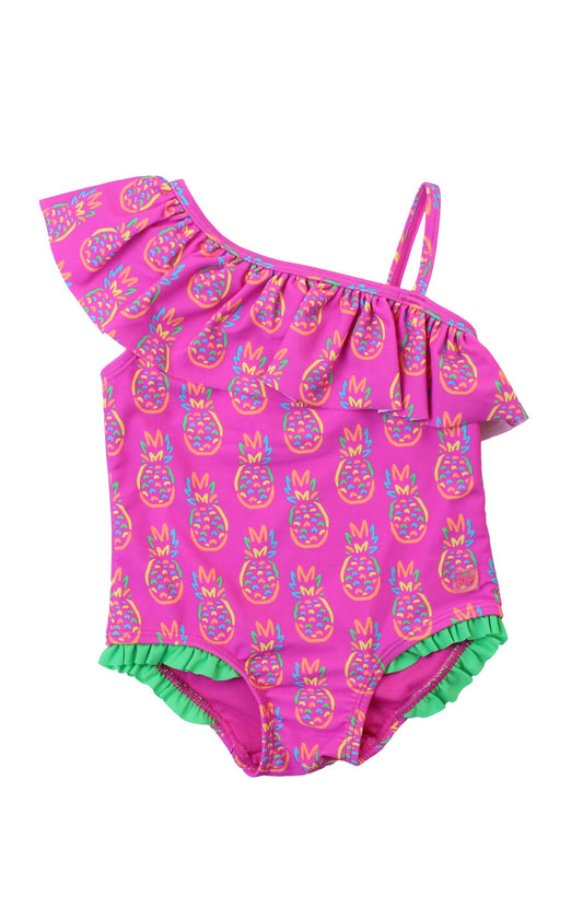 One Shoulder Ruffle One Piece-Neon Violet Pineapples