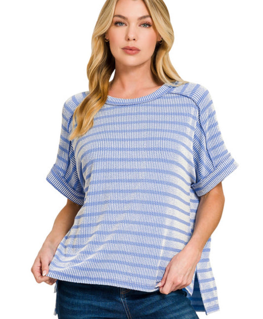 Cornflower Blue- RAISED RIB STRIPED EXPOSED SEAM TOP