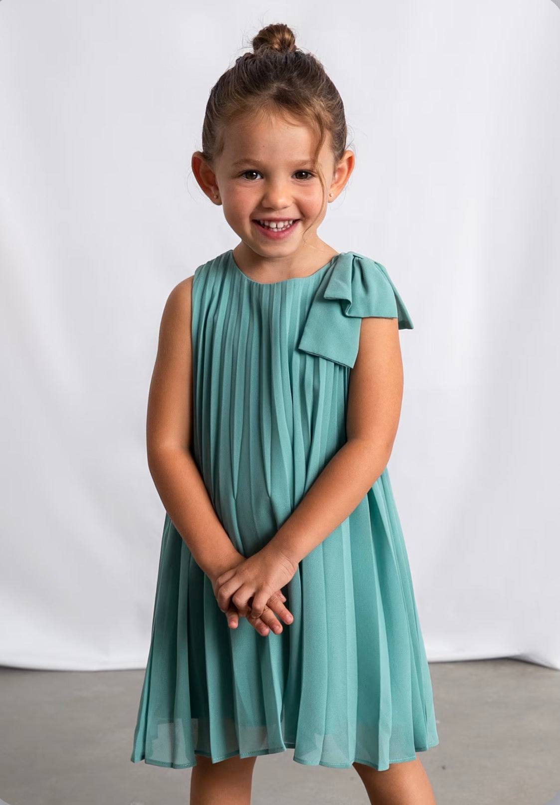 Mint- Girl Pleated Dress with Shoulder Bow