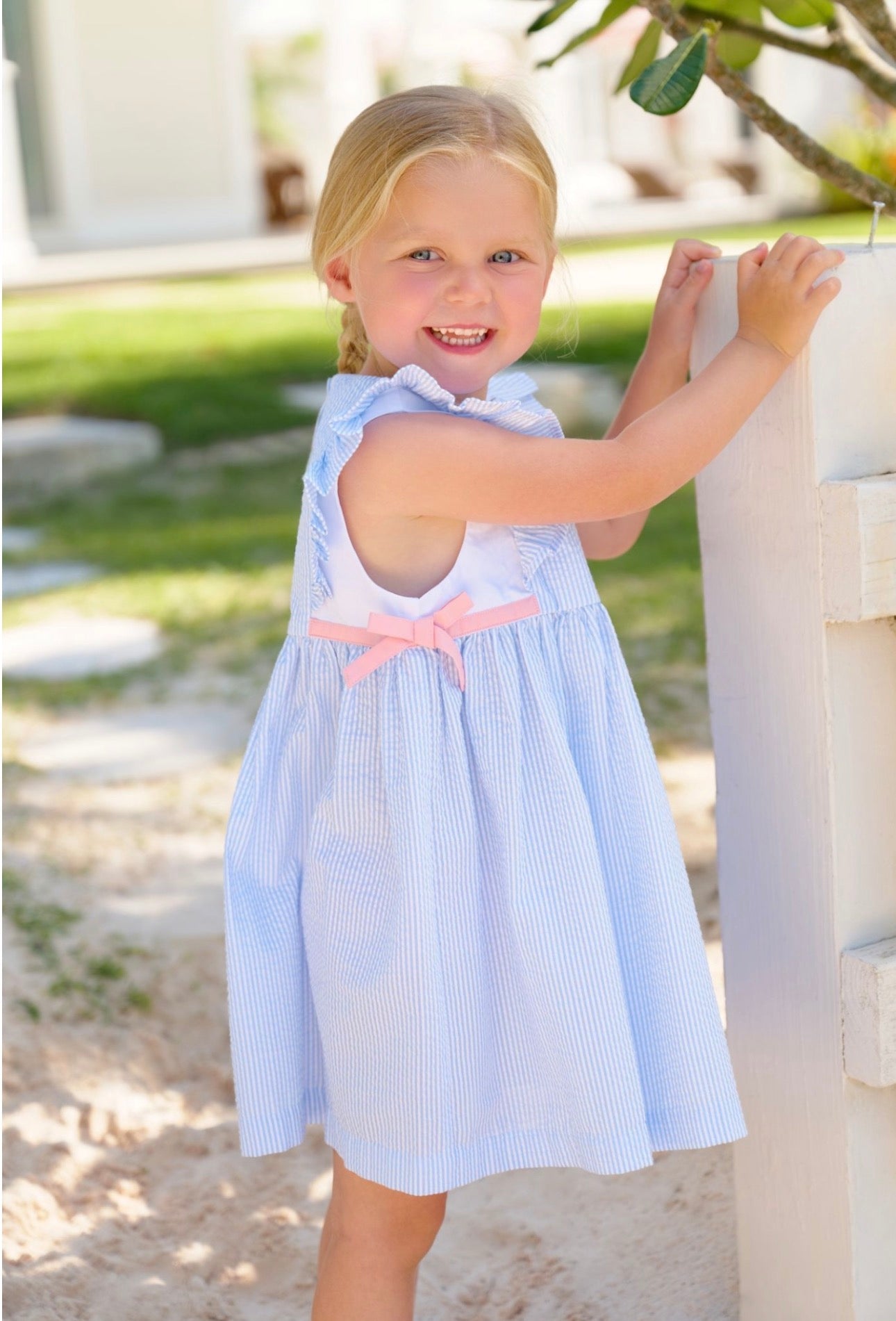 Pammy’s Pinafore Dress-Breakers Blue Seersucker/Sandpearl Pink