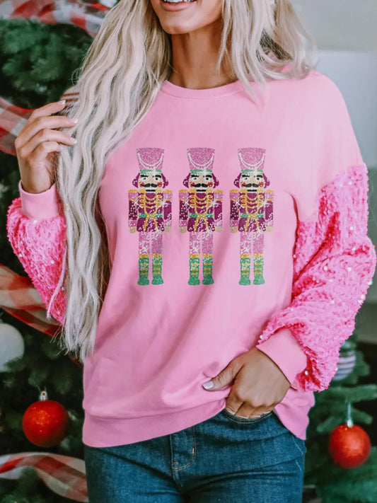 Christmas Nutcracker Graphic Sequin Sleeve Sweatshirt