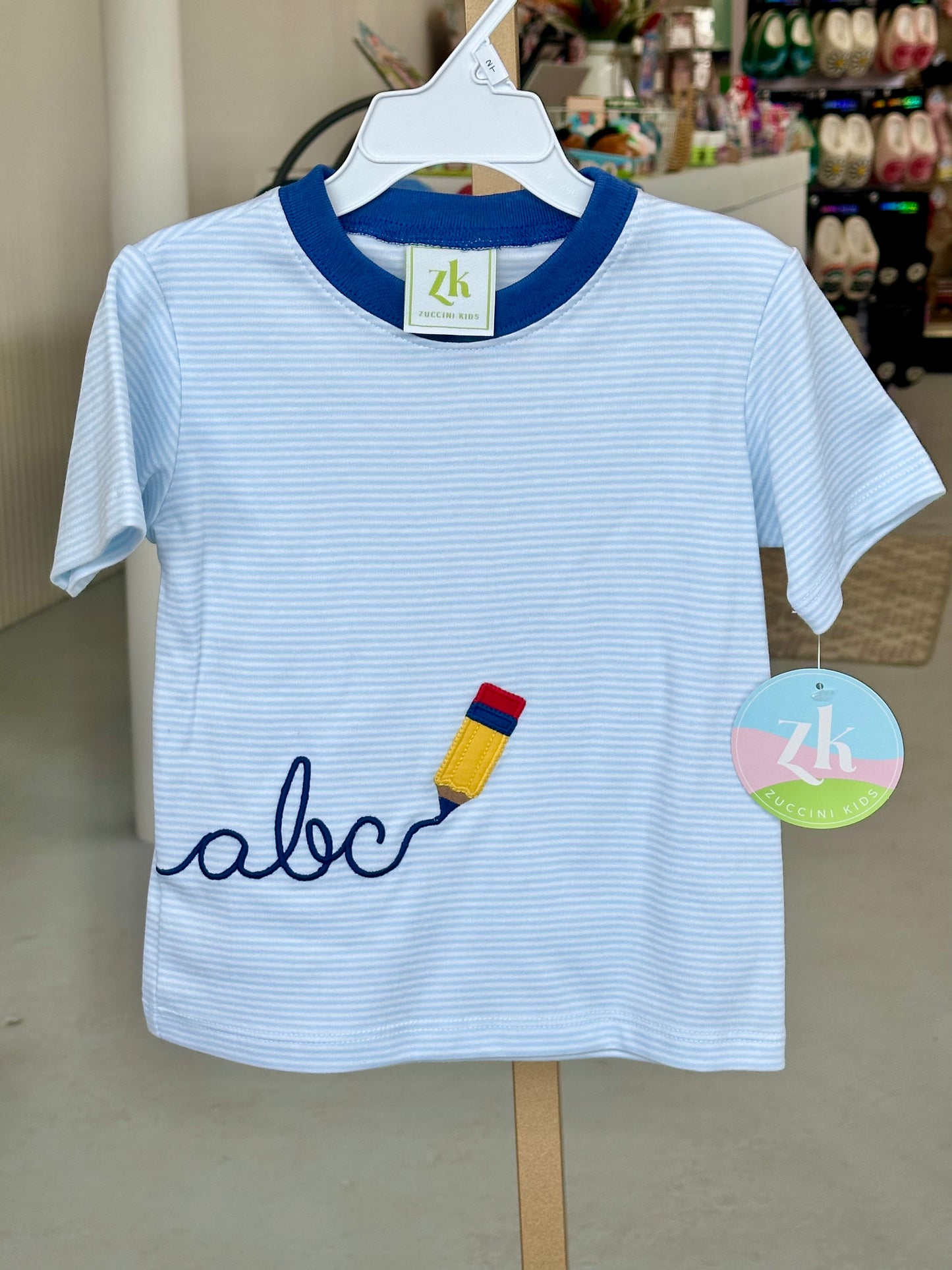 Calligraphy Harry’s Play Tee, Light Blue Bitty Stripe Knit