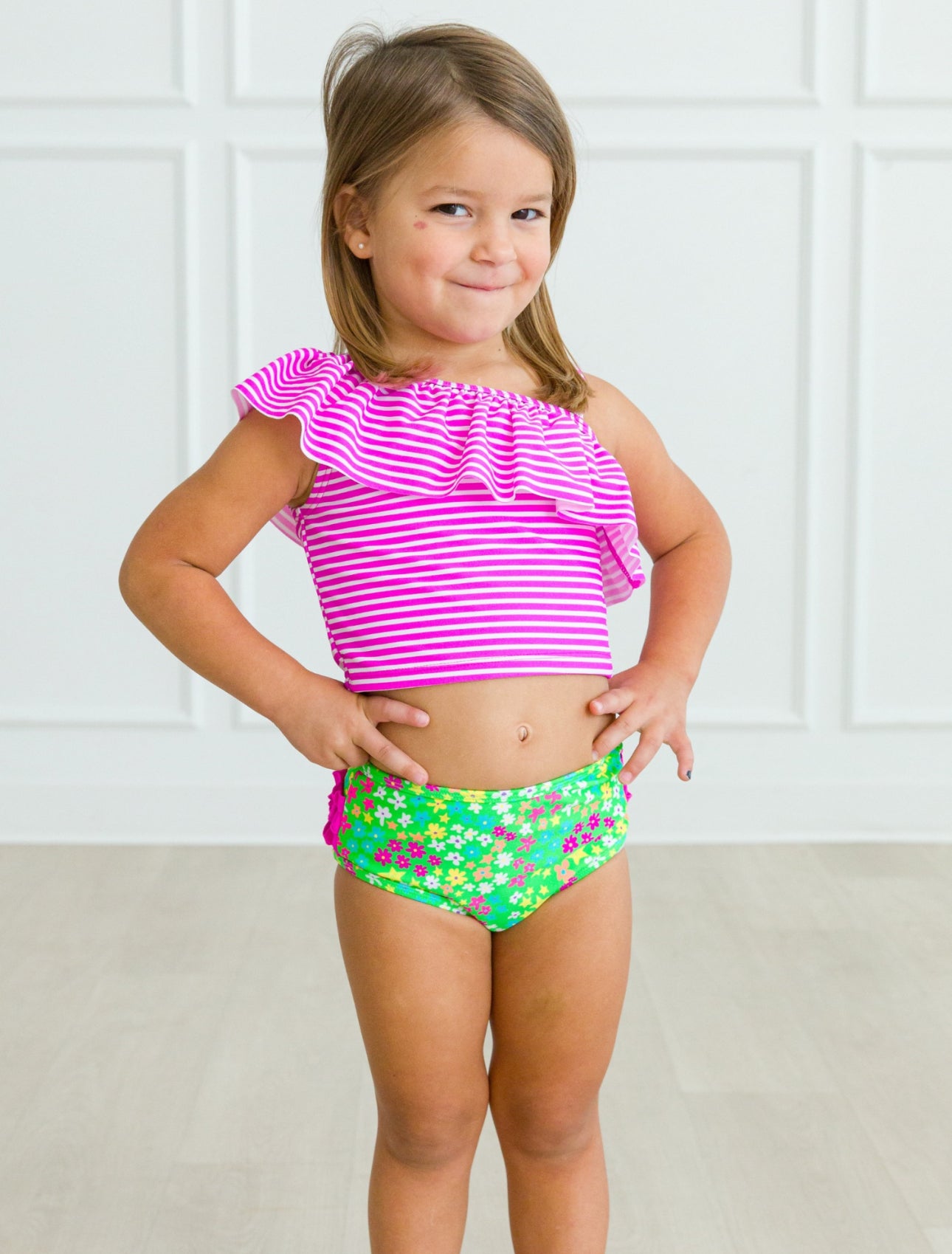 One Shoulder Ruffle Tankini- Neon Floral