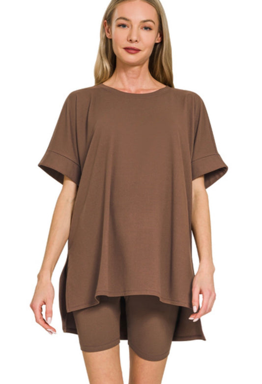 Brown- BRUSHED DTY MICROFIBER R-NECK TOP & BIKER SHORTS