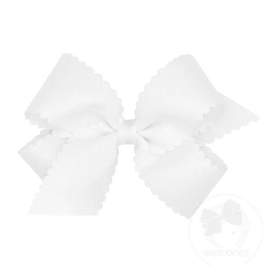 White-Medium Grosgrain Hair Bow with Scalloped Edge