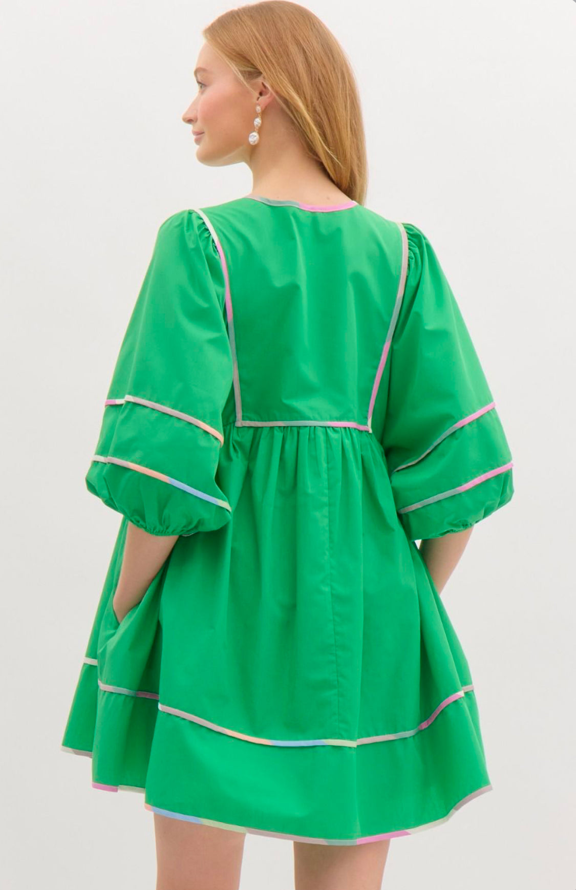 Green Solid Split V-Neck Mini Dress, Accented Multicolor Binding Over Seems. Pockets.