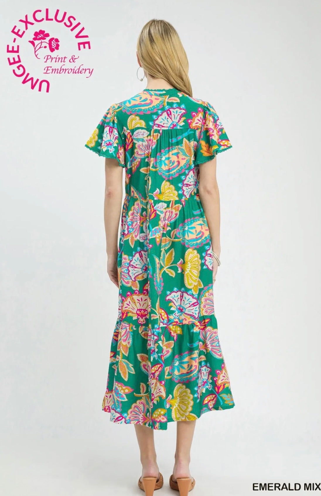 Emerald Mix Boho Floral Tiered Midi Dress