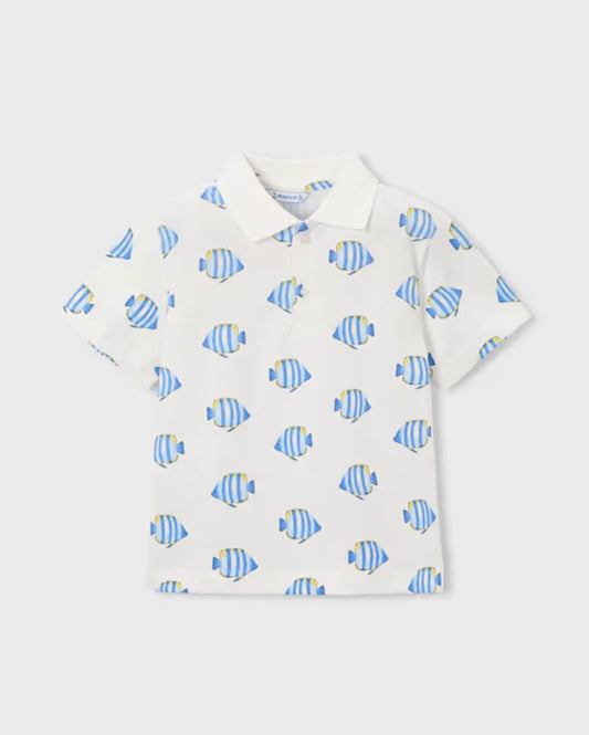 Fish White/Blue Boy Printed Polo Shirt