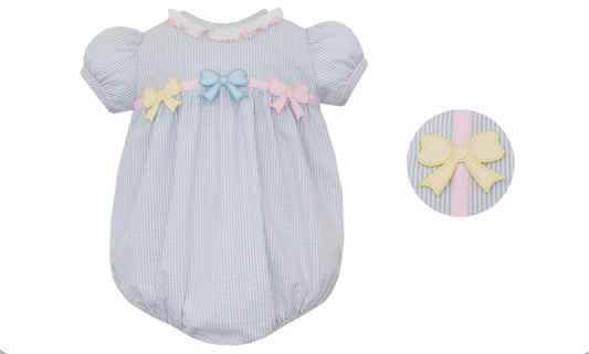 PASTEL BOWS- Lt. blue seersucker girl's bubble