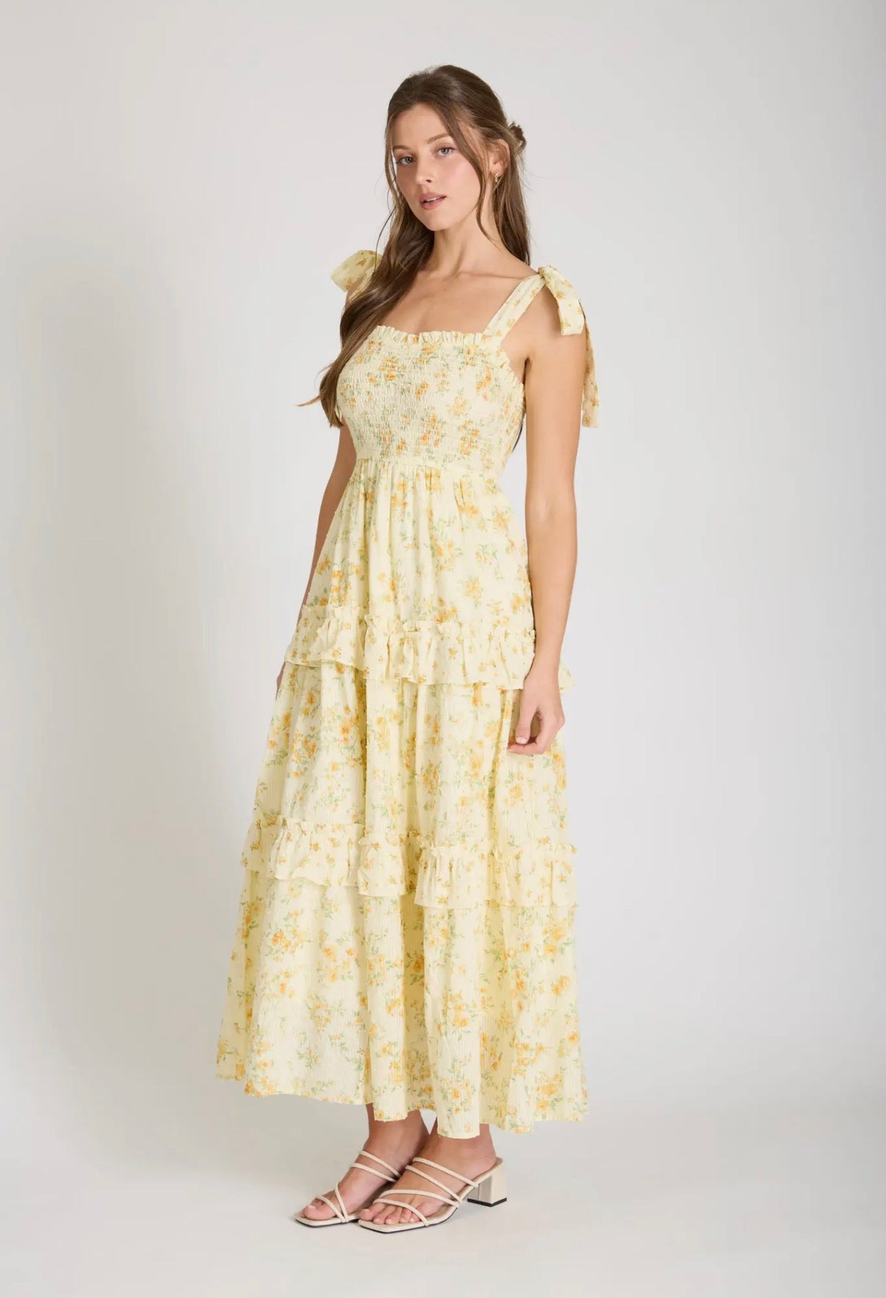 Yellow Multi-Floral Sweetheart Smocked Ruffle Detail Midi Dress