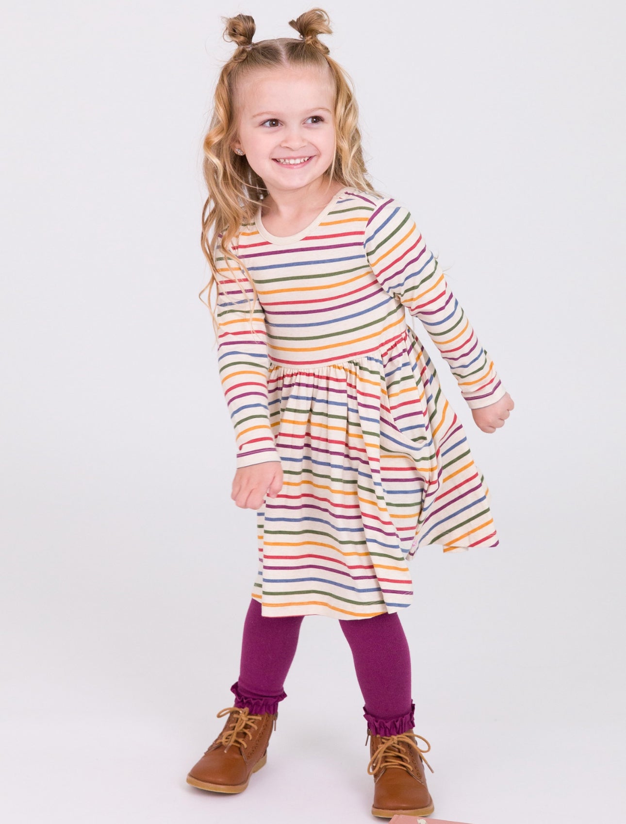 Knit Long Sleeve Twirl Dress-Countryside Rainbow Stripe