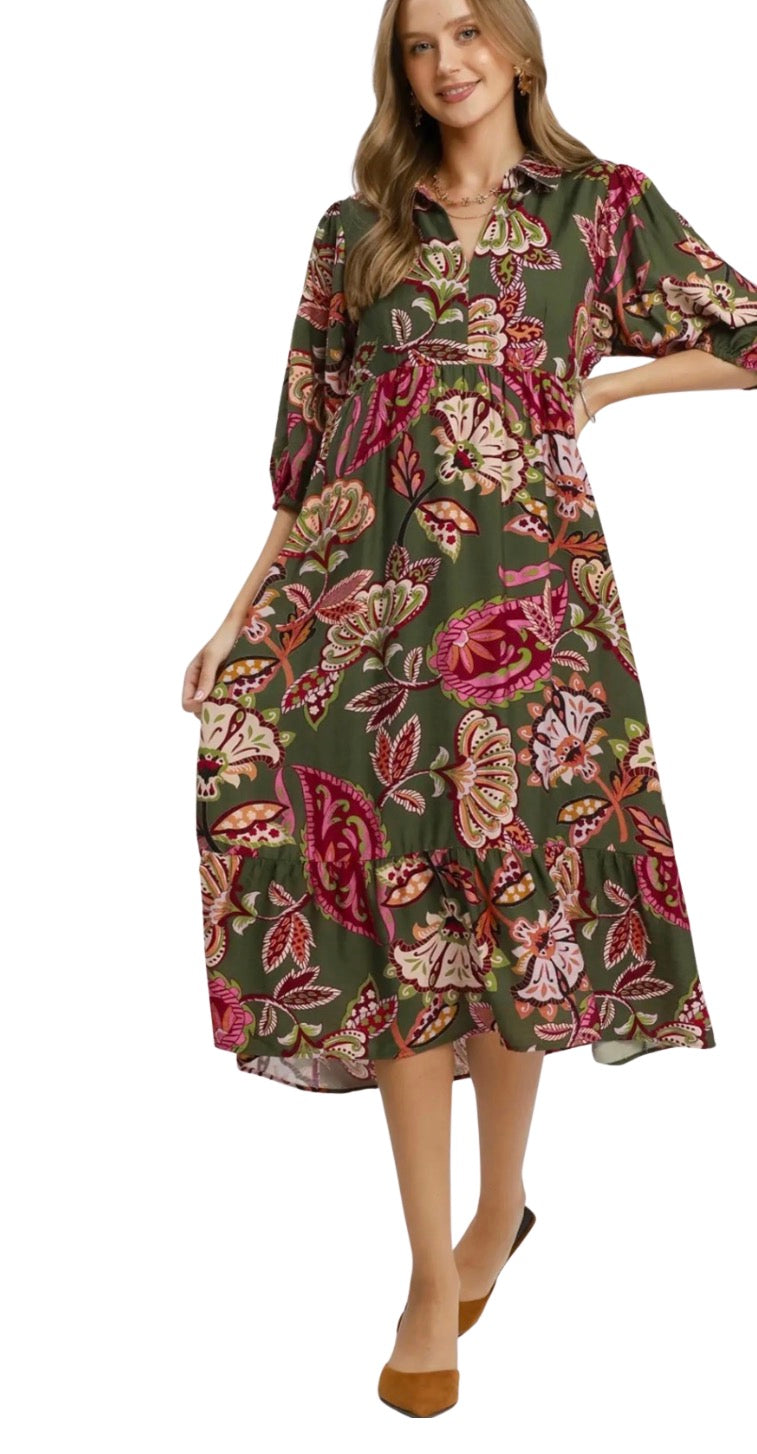 Olive-Boho Paisley Tiered Midi Dress