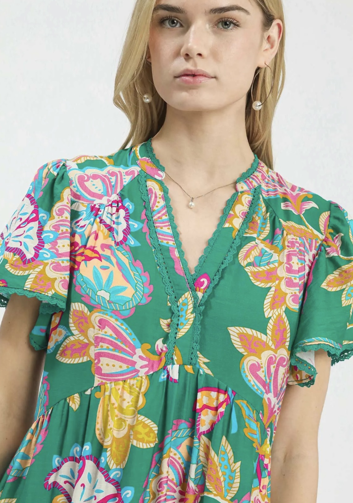 Emerald Mix Boho Floral Tiered Midi Dress