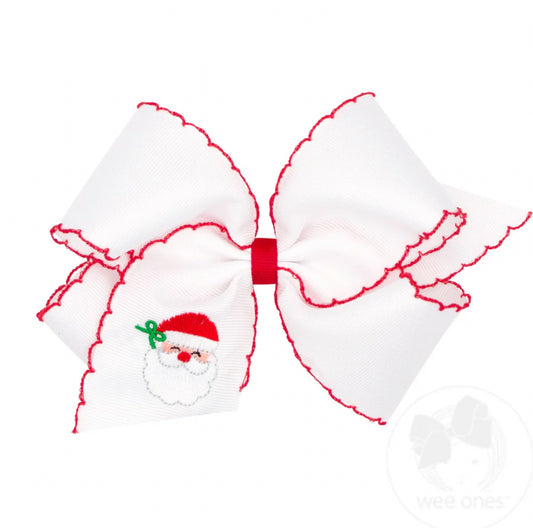 King White Grosgrain Hair Bow with Moonstitch Edge and Santa Embroidery