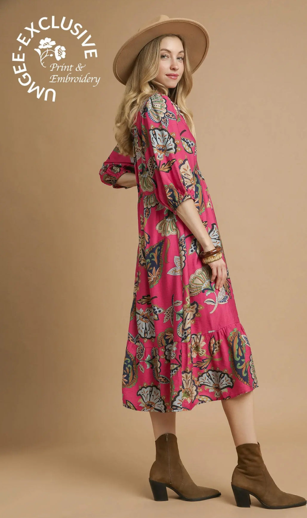 Pink- Boho Paisley Tiered Midi Dress