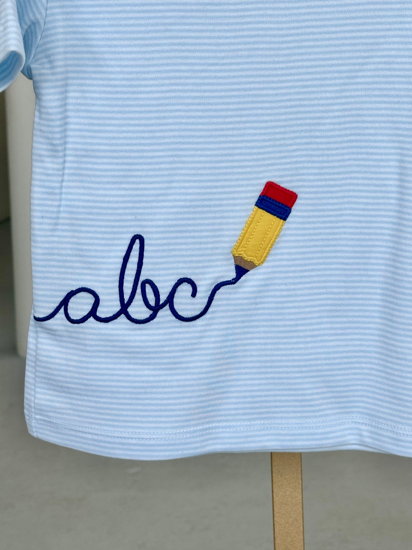 Calligraphy Harry’s Play Tee, Light Blue Bitty Stripe Knit