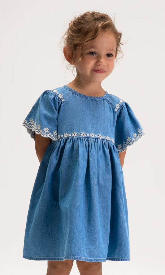 Girl Embroidered Dress-Medium Denim