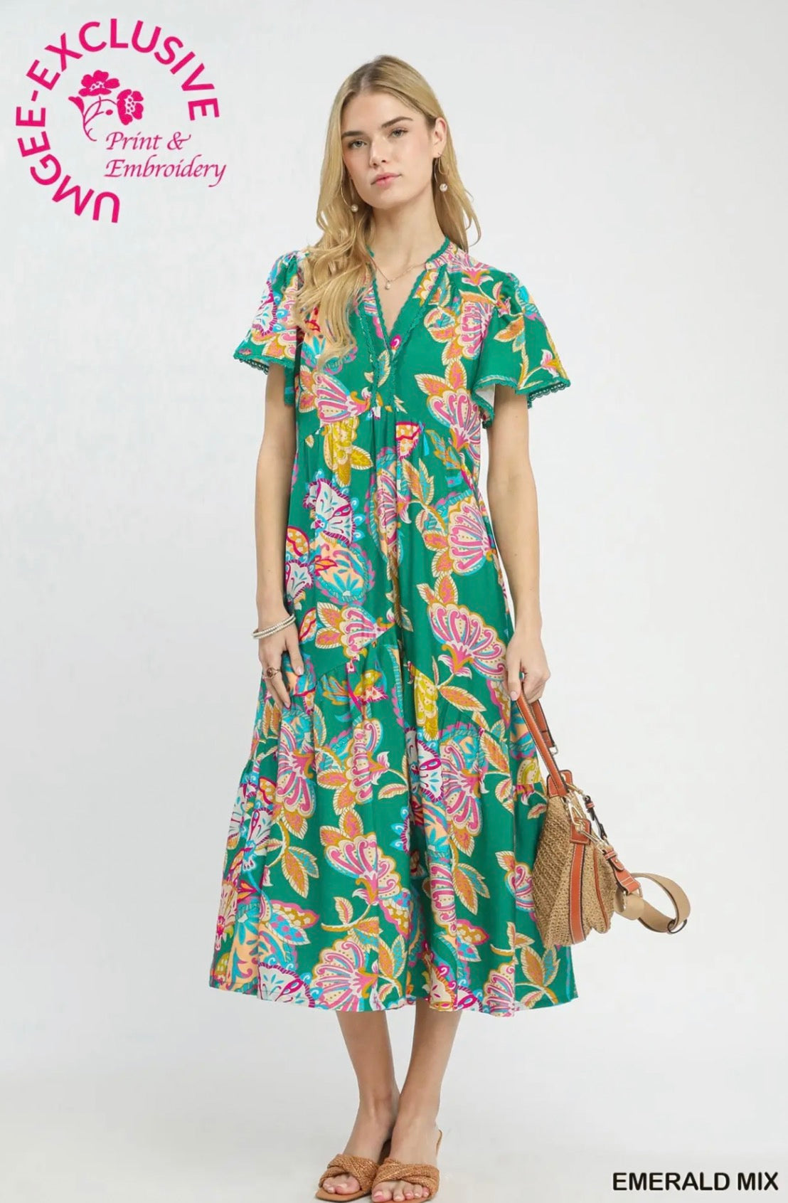 Emerald Mix Boho Floral Tiered Midi Dress