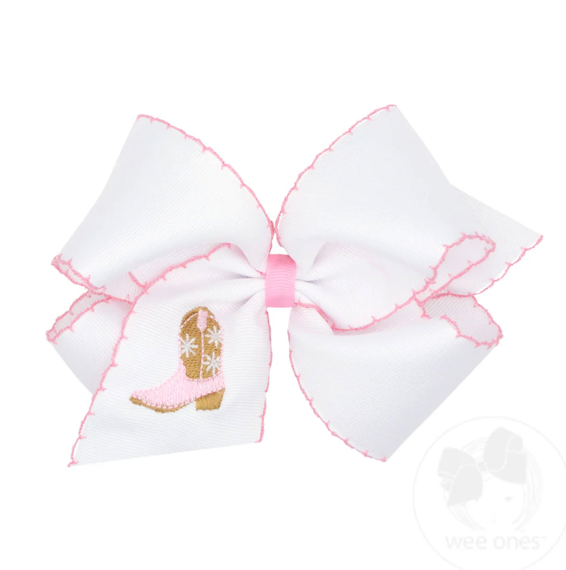 King Grosgrain Hair Bow with Moonstitch Edge and Pink Cowgirl Boot Embroidery