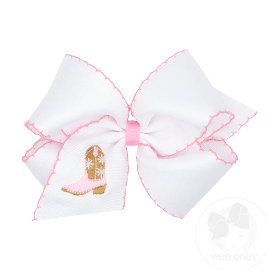King Grosgrain Hair Bow with Moonstitch Edge and Pink Cowgirl Boot Embroidery