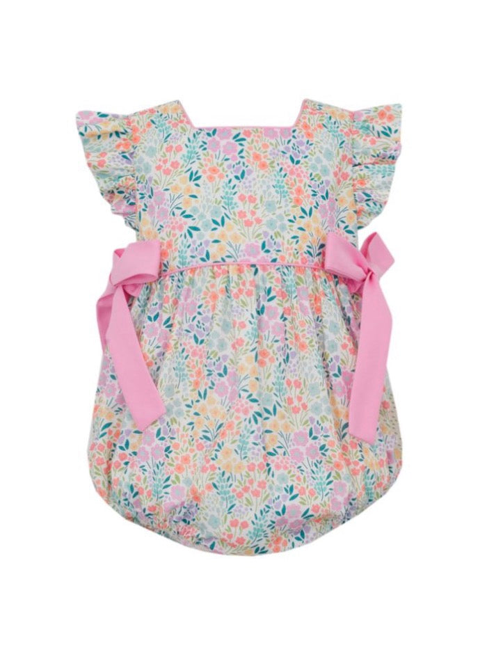 Sleeveless girl's romper w/ pink side bows - English garden floral print